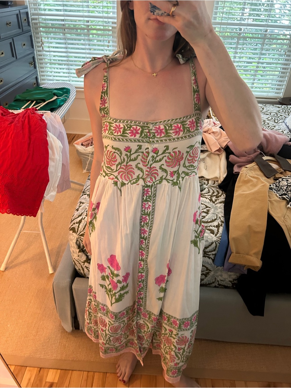 Juliet Dunn White Maxi Dress with Pink & Green Floral Embroidery